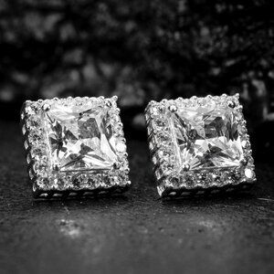 Men's 925 Sterling Silver Princess Cut Square Shape Cubic Zirconia Stud Earrings
